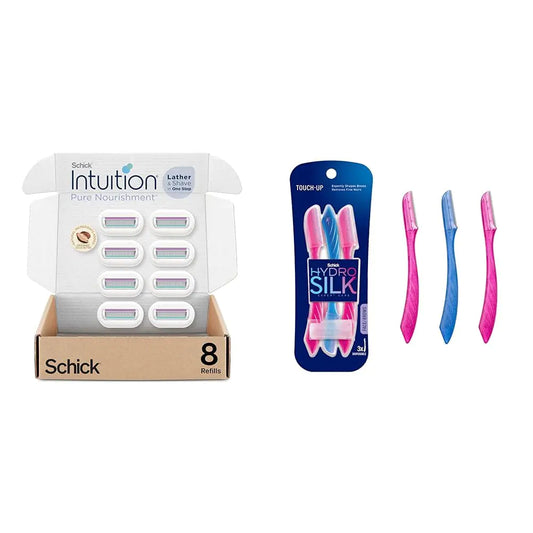 Schick Intuition Refill, Pure Nourishment Razors for Women | Intuition Razor Blades Refill & Schick Hydro Silk Touch-Up Dermaplaning Tool with Precision Cover, 3ct | Dermaplane Razor Refills + Dermaplaning Tool, Schick Intuition Razor Refills