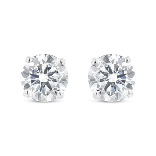 Aretes clásicos de oro blanco de 10 quilates con diamantes redondos de talla brillante casi incoloros de 1,00 quilates y cierre de rosca (color IJ, claridad I1-I2)