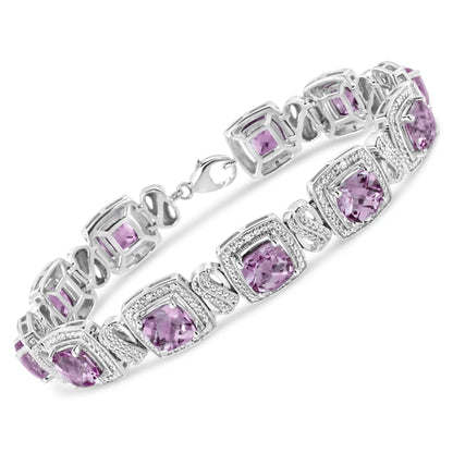 Pulsera de tenis de plata de ley 925 con amatista morada de talla cojín de 7 x 7 mm y diamante redondo de 1/10 ct (color IJ, claridad I1-I2) - 18 cm