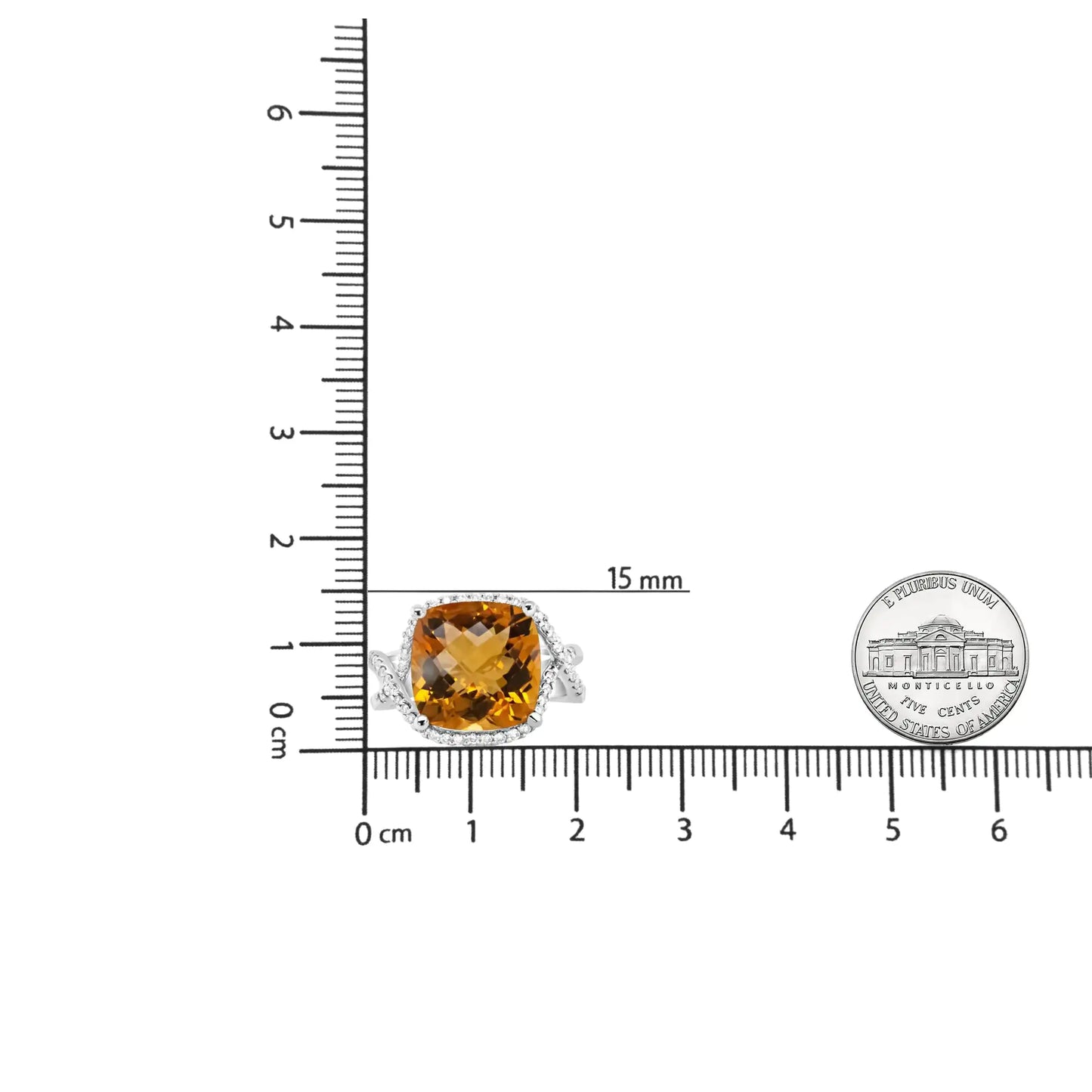 14K valgest kullast 12 mm padjaga lõigatud kollane tsitriin kalliskivi ja 1/3 Cttw ümmargune sillutuskomplektiga teemantsõrmus – (HI värv, VS1-VS2 selgus)