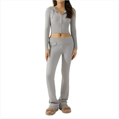 Women’s 2-Piece Knitted Hooded Set - Long-Sleeve Cardigan & High-Waist Trousers