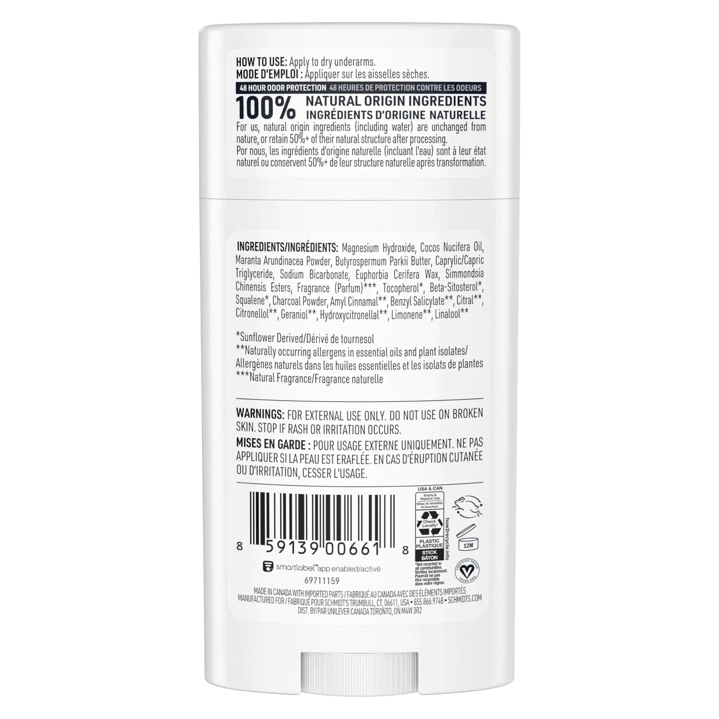 Schmidti alumiiniumivaba vegan deodorant süsi ja magneesium 24-tunnise lõhnakaitsega, 4 count naistele ja meestele, looduslikud koostisosad, julmusevaba, 2,65 untsi