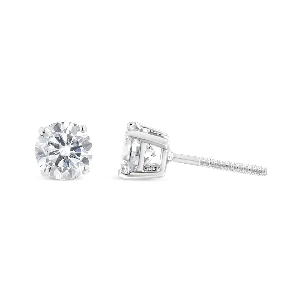 10K White Gold 1-1/2 Cttw Round Brilliant-Cut Diamond Classic 4-Prong Stud Earrings with Screw Backs (I-J Color, SI1-SI2 Clarity)