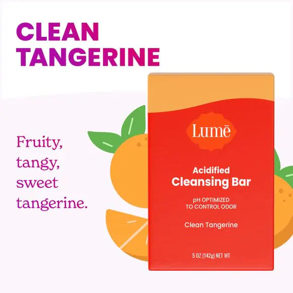 Barra limpiadora corporal acidificada Lume - Control de olores las 24 horas - Elimina el olor mejor que el jabón - Fórmula humectante - Formulada sin SLS ni parabenos - Desarrollada por ginecólogos - 5 onzas (Clear Tangerine)