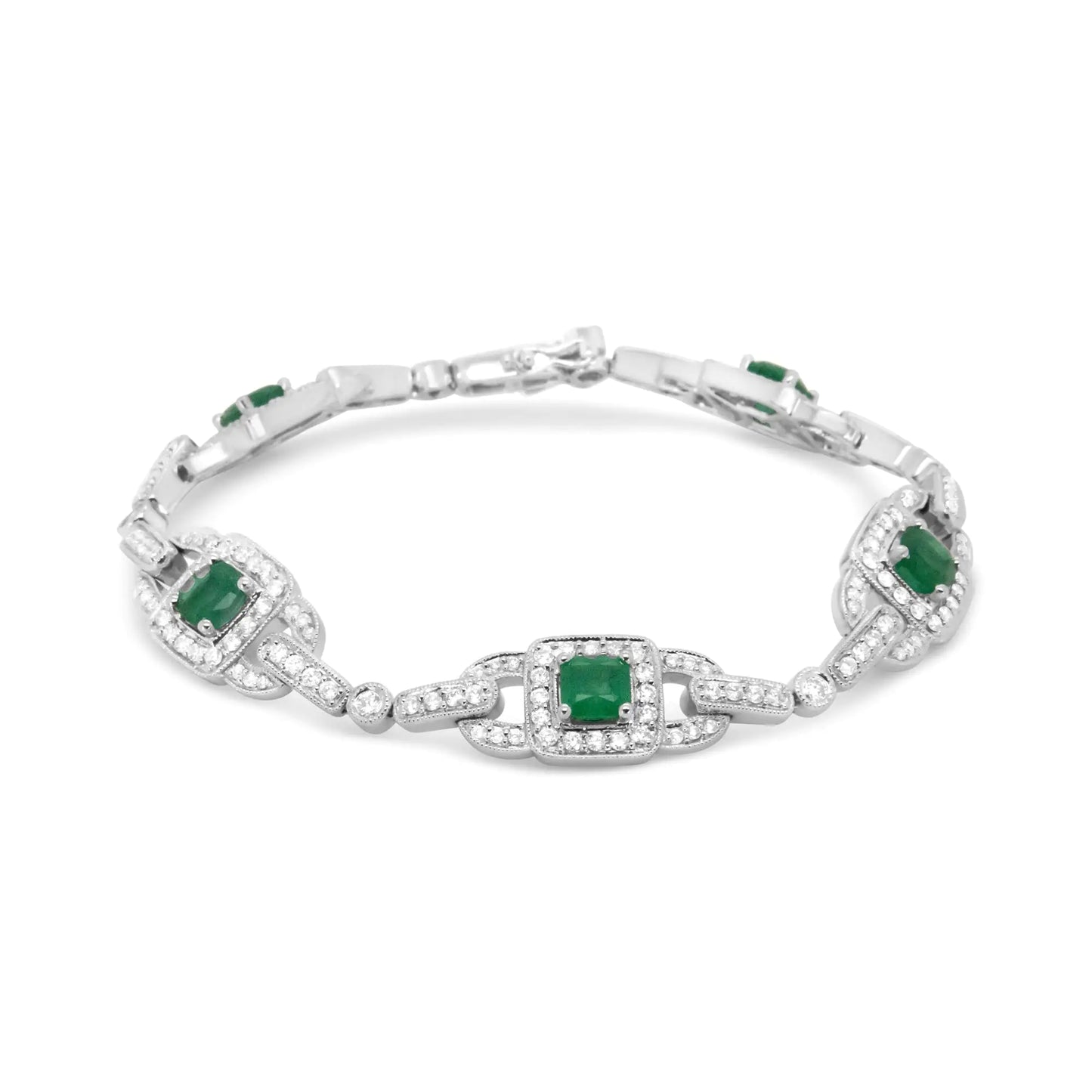 14K White Gold 5mm Emerald Cushion Cut and 2.00 Cttw Round Bezel-Set Diamond Link Bracelet - (H-I Color, VS1-VS2 Clarity) - Size 7"