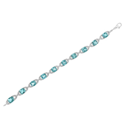 Pulsera de tenis de moda en plata de ley 925 con topacio azul de talla cojín de 7 x 7 mm y diamantes de talla redonda de 1/20 ct (color IJ, claridad I1-I2) - 18 cm