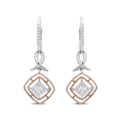 Aretes colgantes de cinta marquesa calada con diamantes de talla princesa y redonda de 1/2 ct en oro blanco y rosa de 14 quilates (color GH, claridad SI2-I1)