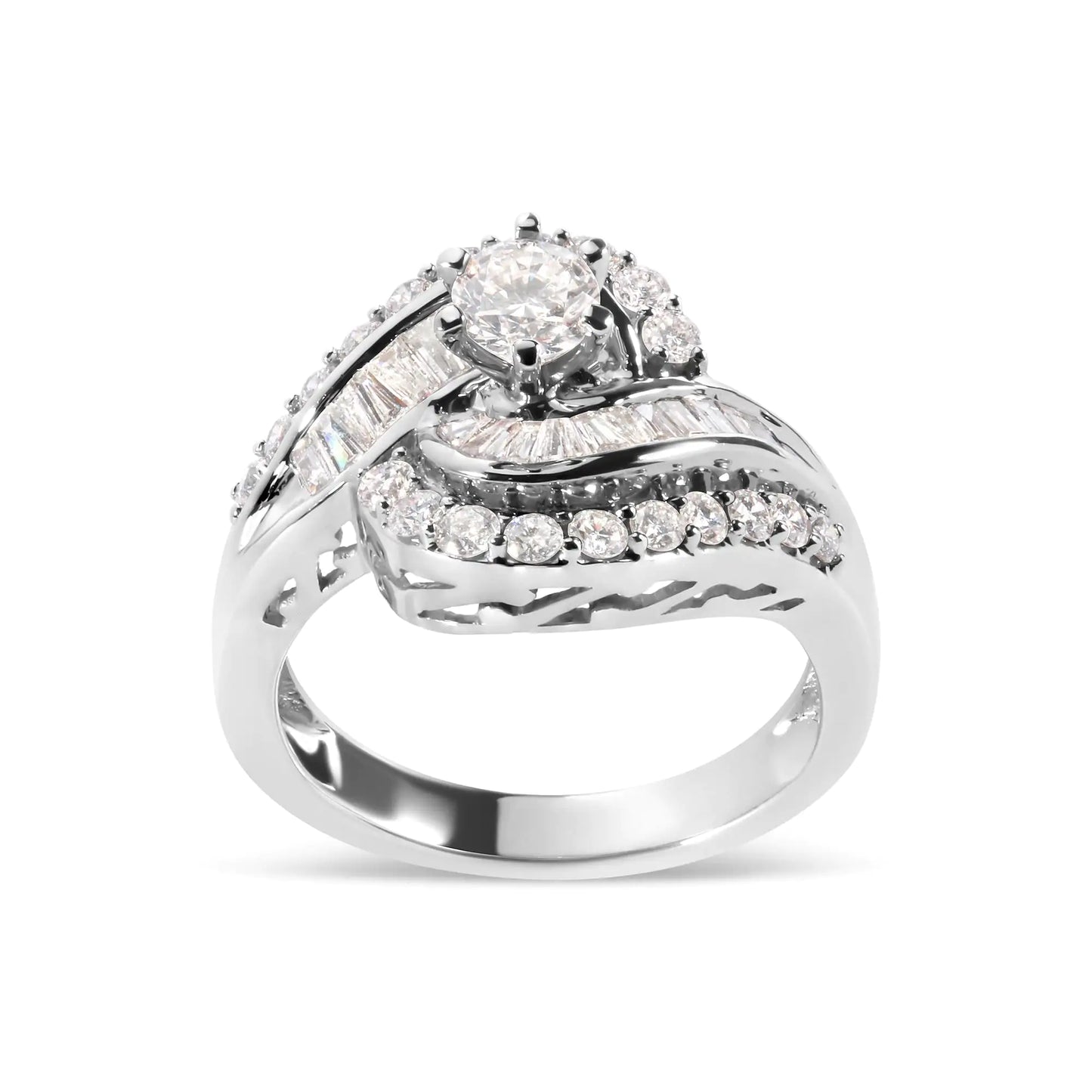 14K White Gold 1.00 Cttw Round and Baguette cut Diamond Swirl Cocktail Ring (H-I Color, SI2-I1 Clarity)