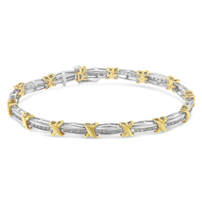 Pulsera de tenis de 18 cm (7"), bicolor, de oro amarillo de 10 quilates sobre plata de ley 0,925, con diamantes de 1,0 ct engastados en canal, de eslabones cónicos y X-Link (color HI, claridad I2-I3)