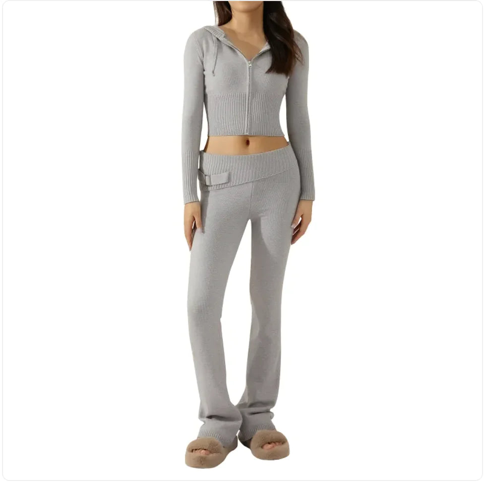 Women’s 2-Piece Knitted Hooded Set - Long-Sleeve Cardigan & High-Waist Trousers