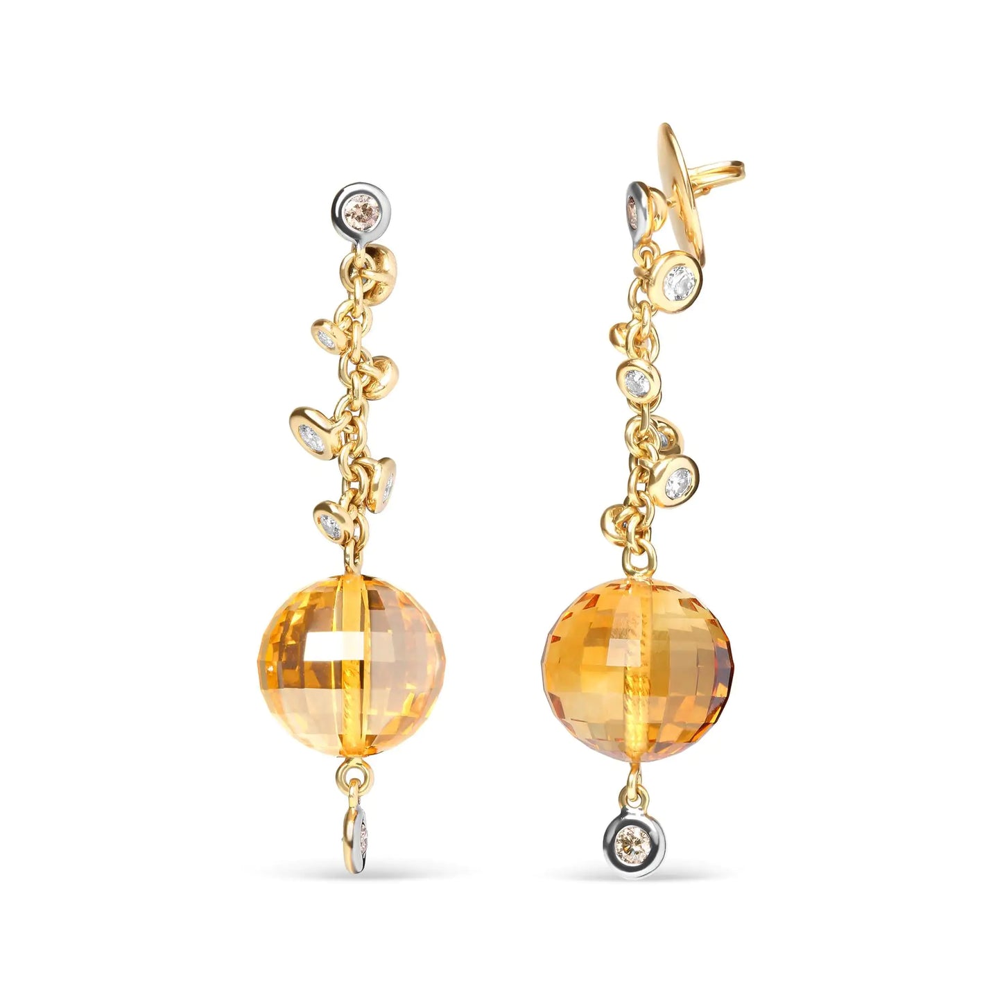 Aretes colgantes de oro amarillo de 18 quilates con bisel redondo de 2/3 quilates y citrino amarillo de 25 mm en forma de bola (color marrón y GH, claridad SI1-SI2)