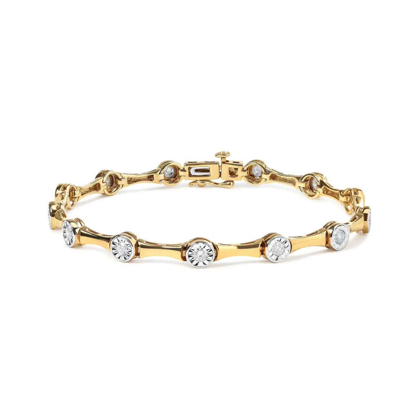 10K Yellow Gold Plated .925 Sterling Silver 1.0 Cttw Miracle Set Diamond Bezel Style Station Link Bracelet (H-I Color, I3 Clarity) - Size 7"