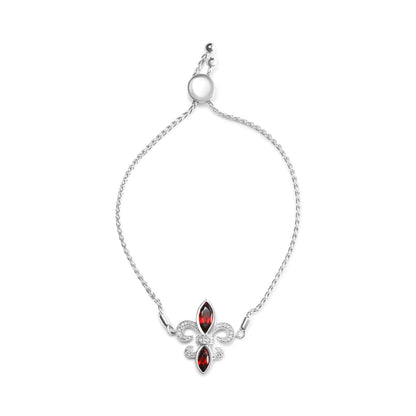 .925 Sterling Silver Marquise Granaat ja Diamond Accent Lariat 4”–10” Fleur De Lis reguleeritav Bolo käevõru (HI Color, SI1-SI2 Clarity)