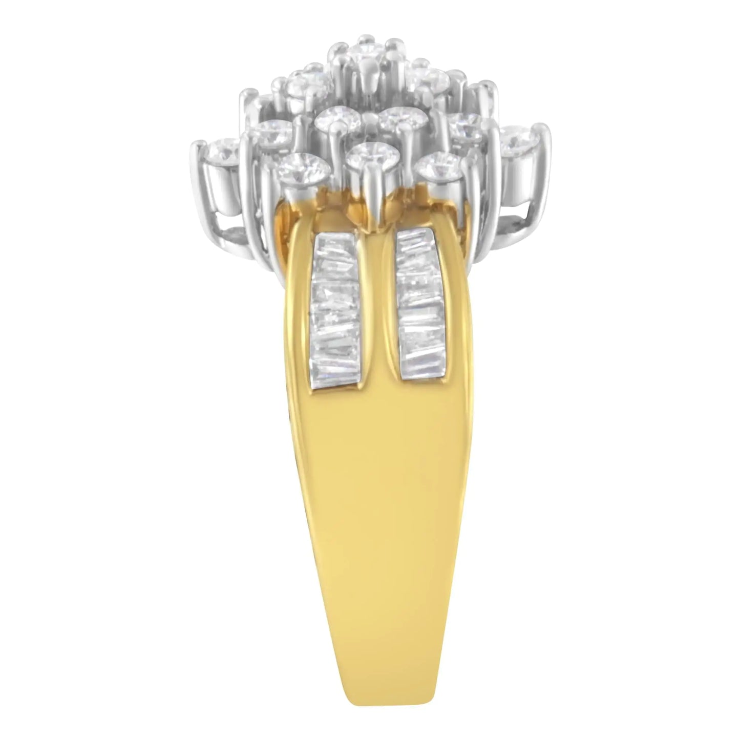 10K Yellow Gold 1.0 Cttw Round & Baguette Cut Diamond Floral Cluster Double-Channel Flared Band Statement Ring (H-I Color, SI2-I1 Clarity)