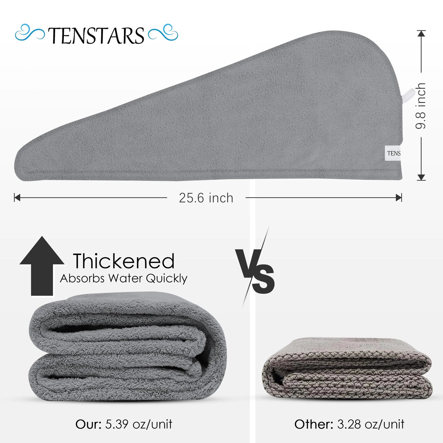 TENSTARS 5 Pack Thicken Microfiber Hair Towel Wrap for Women - Elastic Loop Design - 320GSM Coral Velvet - Quick Dry Hair Turban - 11x28 Inch (Cream+White+Brown+Light Teal+Grey, 5) Cream+white+brown+light Teal+grey TENSTARS Hair Towel Pack