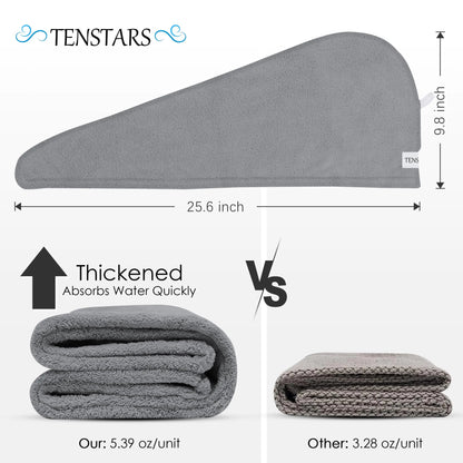 TENSTARS 5 Pack Thicken Microfiber Hair Towel Wrap for Women - Elastic Loop Design - 320GSM Coral Velvet - Quick Dry Hair Turban - 11x28 Inch (Cream+White+Brown+Light Teal+Grey, 5) Cream+white+brown+light Teal+grey TENSTARS Hair Towel Pack