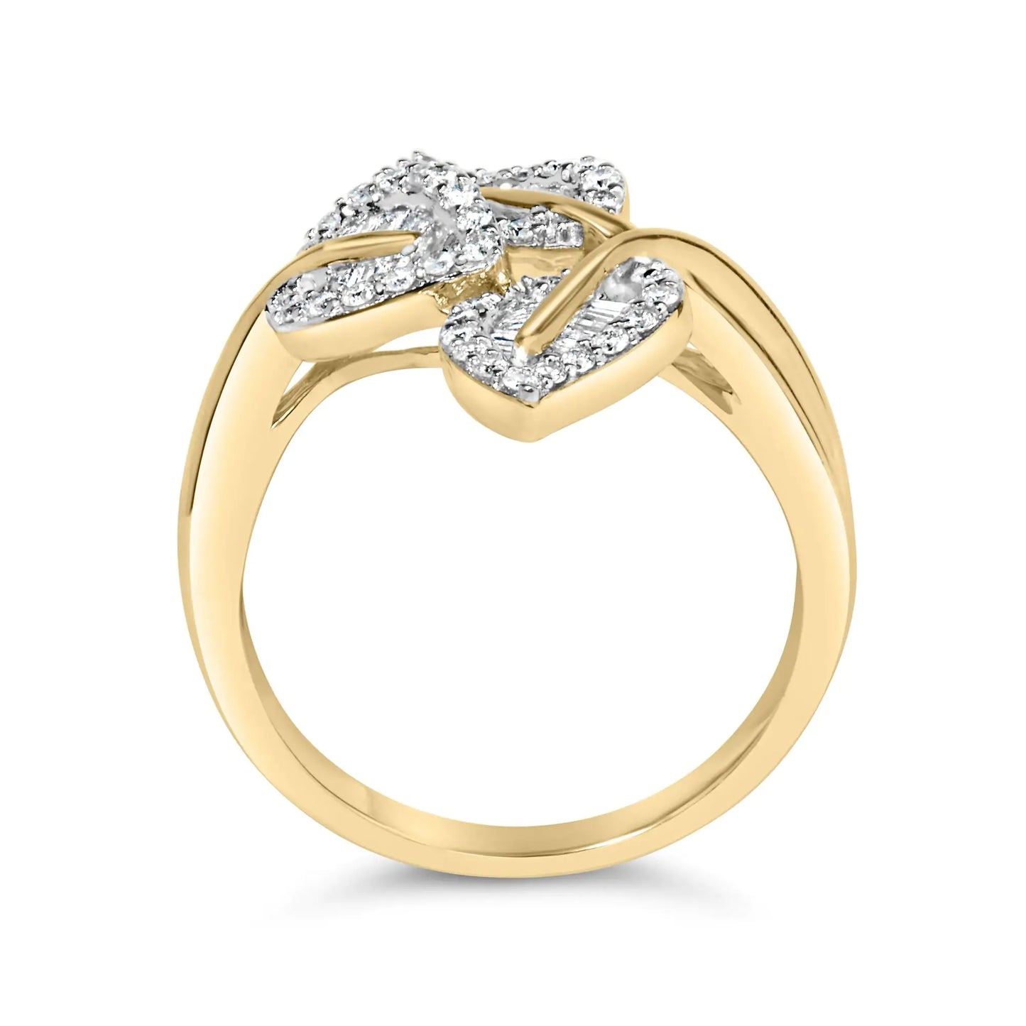 10k Yellow and White Gold 1/2 Cttw Baguette and Round Diamond Bypass Triple Leaf Ring (I-J Color, I1-I2 Clarity)