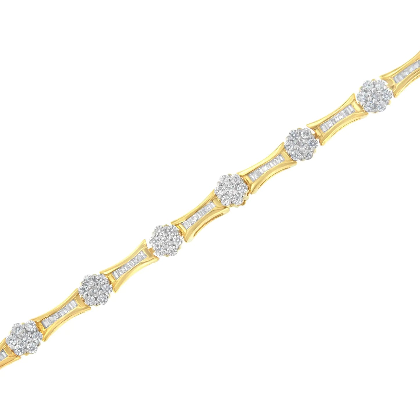 10K Yellow and White Gold 2.00 cttw Round and Baguette-Cut Diamond Link Bracelet (I-J Color, I2-I3 Clarity) - Size 7.25"