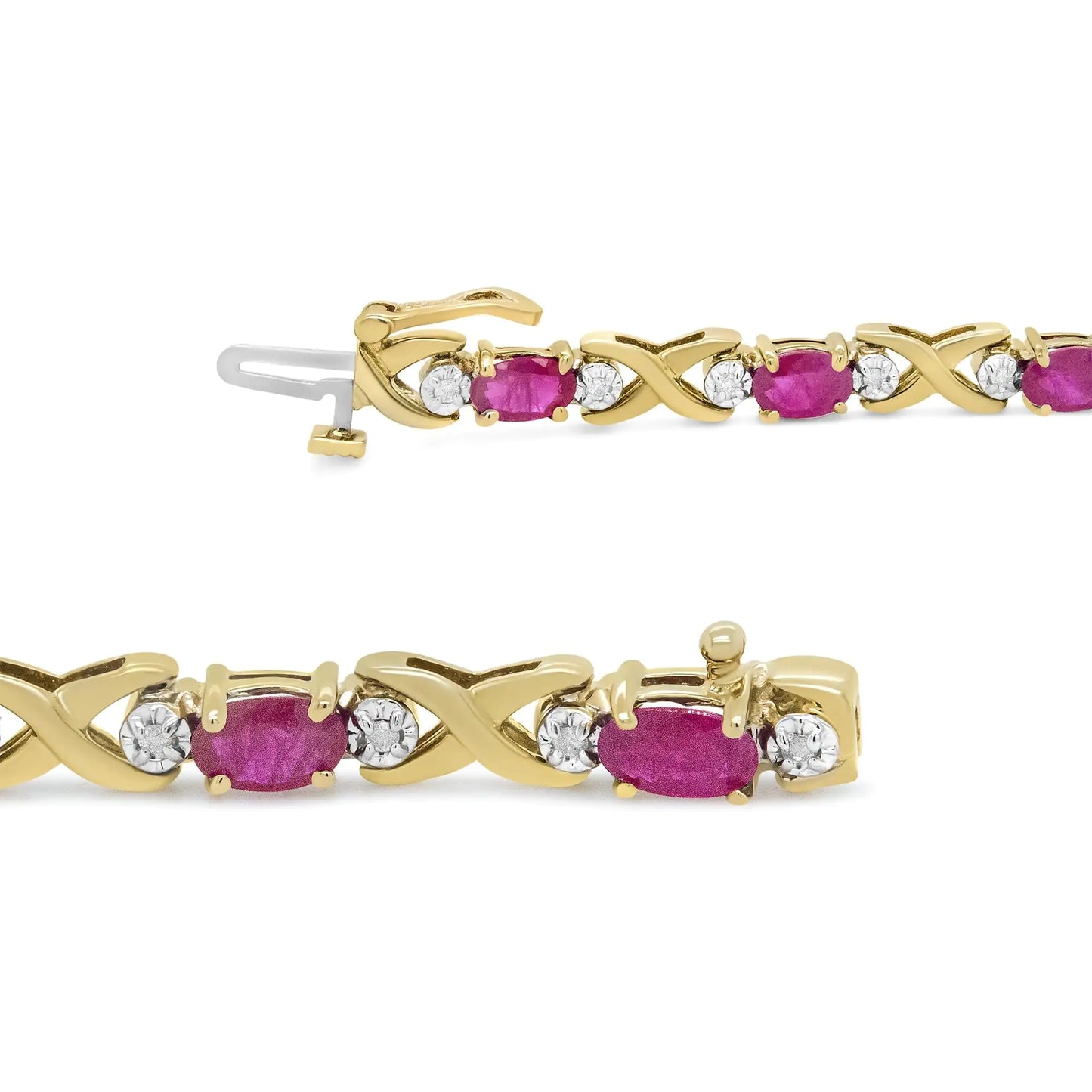 14K Yellow Gold 1/4 Cttw Diamond and Oval Red Ruby Alternating X Link Bracelet (I-J Color, I3 Clarity)