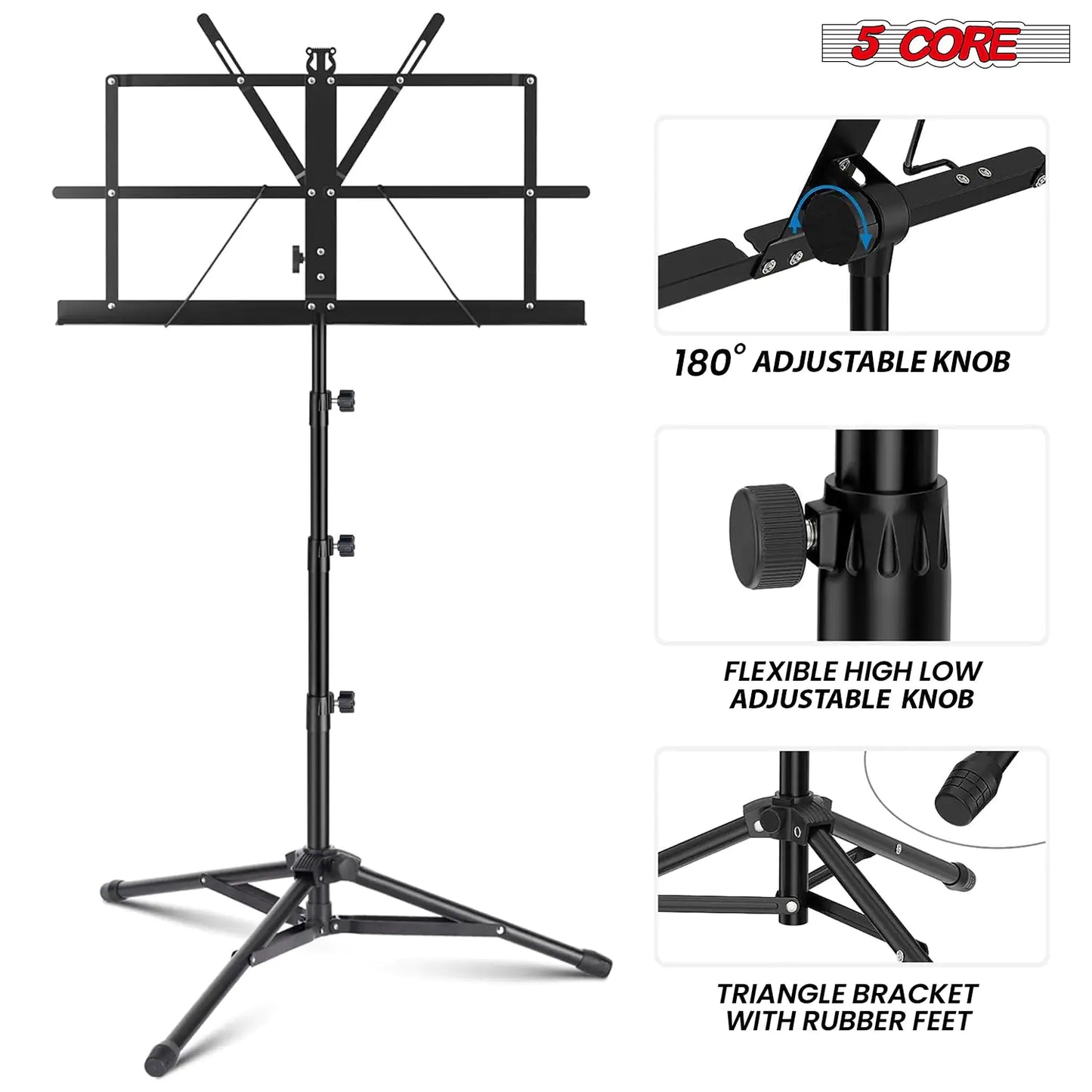 Soporte Musical 5Core para Partituras Portátil Tripé Ajustável e Dobrável Porta-Notas Preto Superior