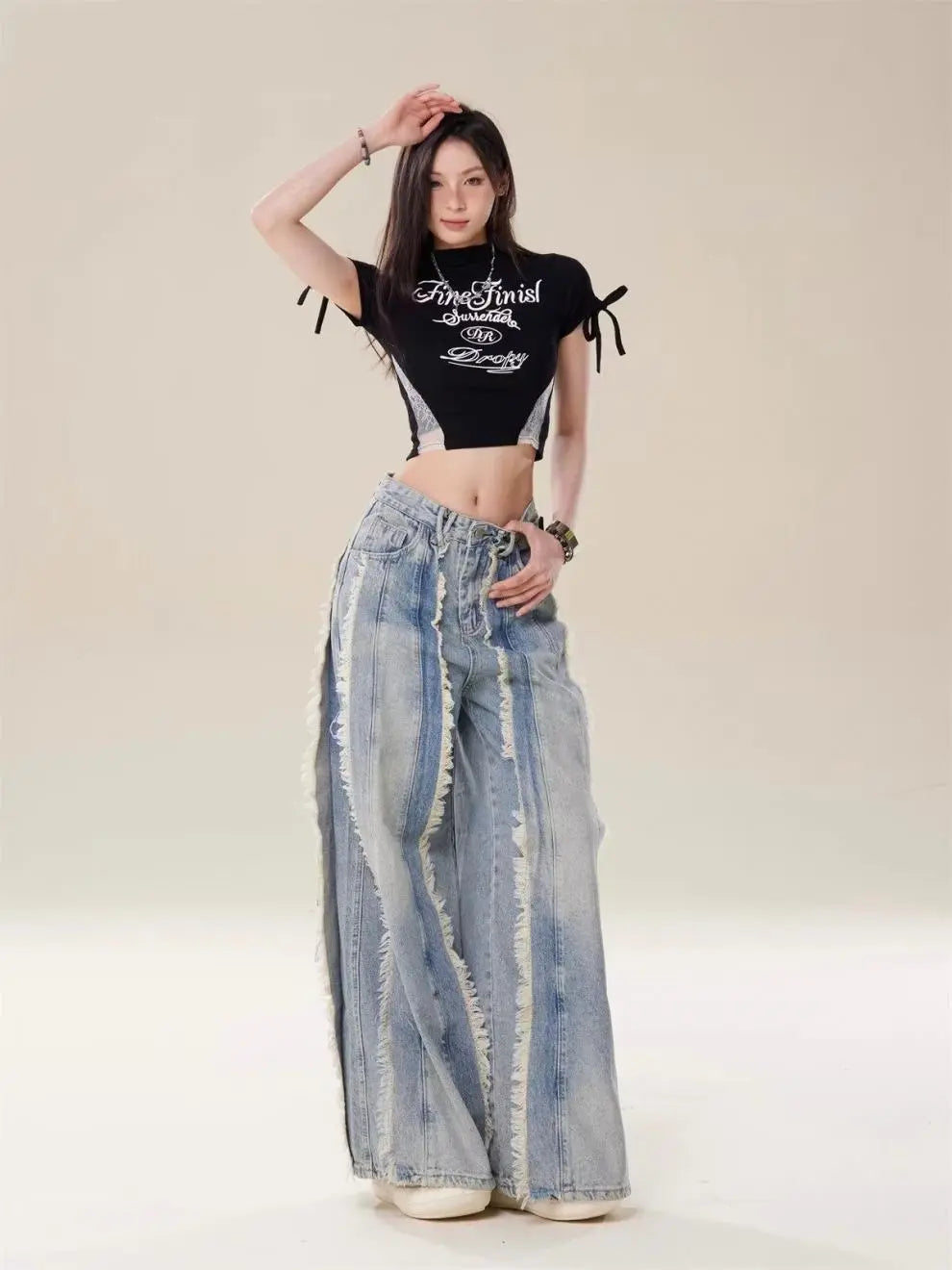 Jeans Destroyed Loose Burrs Wide Leg Bootcut Pants