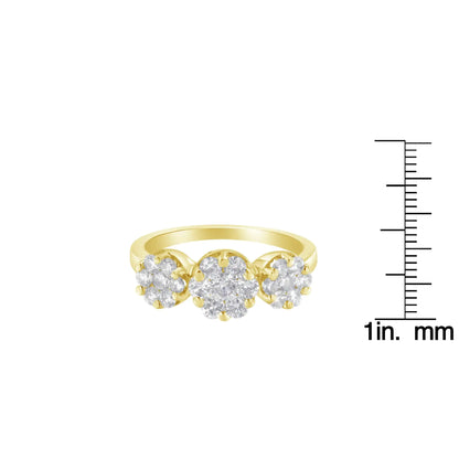 Anillo de compromiso o de moda en oro amarillo de 14 quilates con tres racimos florales redondos de diamantes de talla brillante de 1 1/4 ct (color HI, claridad SI2-I1)