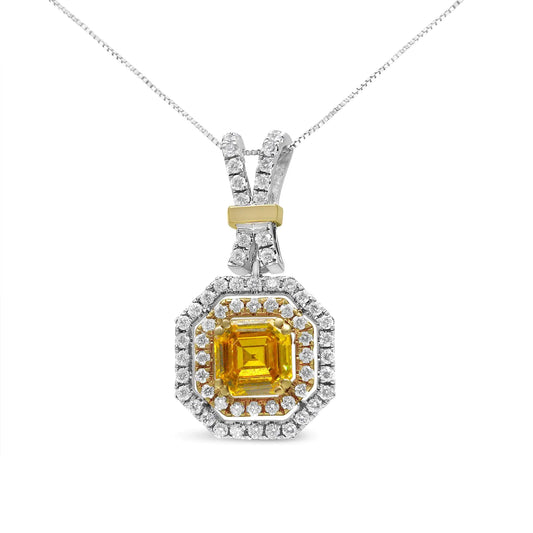 Collar con colgante de 18" de oro blanco y amarillo de 18 quilates, 1,75 quilates, cultivado en laboratorio, con halo de diamantes centrales Asscher amarillos tratados (color amarillo/GH, claridad VS1-VS2)