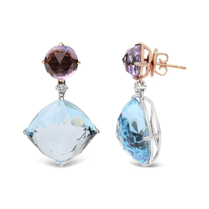 18K White and Rose Gold 1/5 Cttw Diamond with Round Pink Rose De France Amethyst and 25mm Cushion Cut Sky Blue Topaz Gemstone Dangle Earring (G-H Color, SI1-SI2 Clarity)