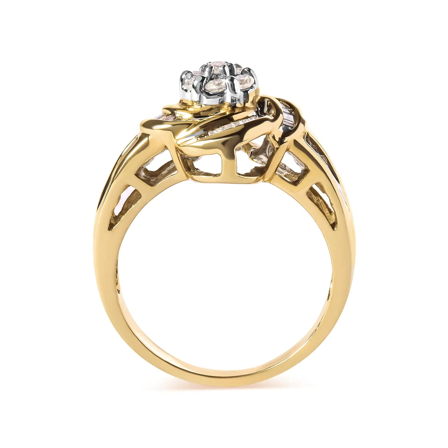 10K Yellow Gold 1/2 Cttw Round and Baguette Diamond Flower Swirl Cocktail Ring (I-J Color, SI2-I1 Clarity)