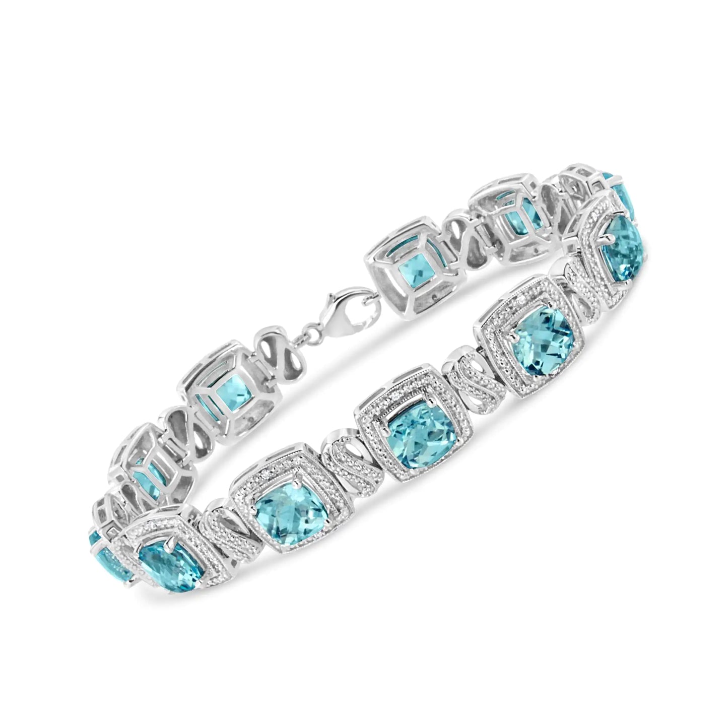 .925 Sterling Silver 7x7 mm Cushion Cut Blue Topaz and 1/10 Ctw Single Cut Diamond Square Shape Tennis Bracelet (I-J Color, I1-I2 Clarity) - 7"