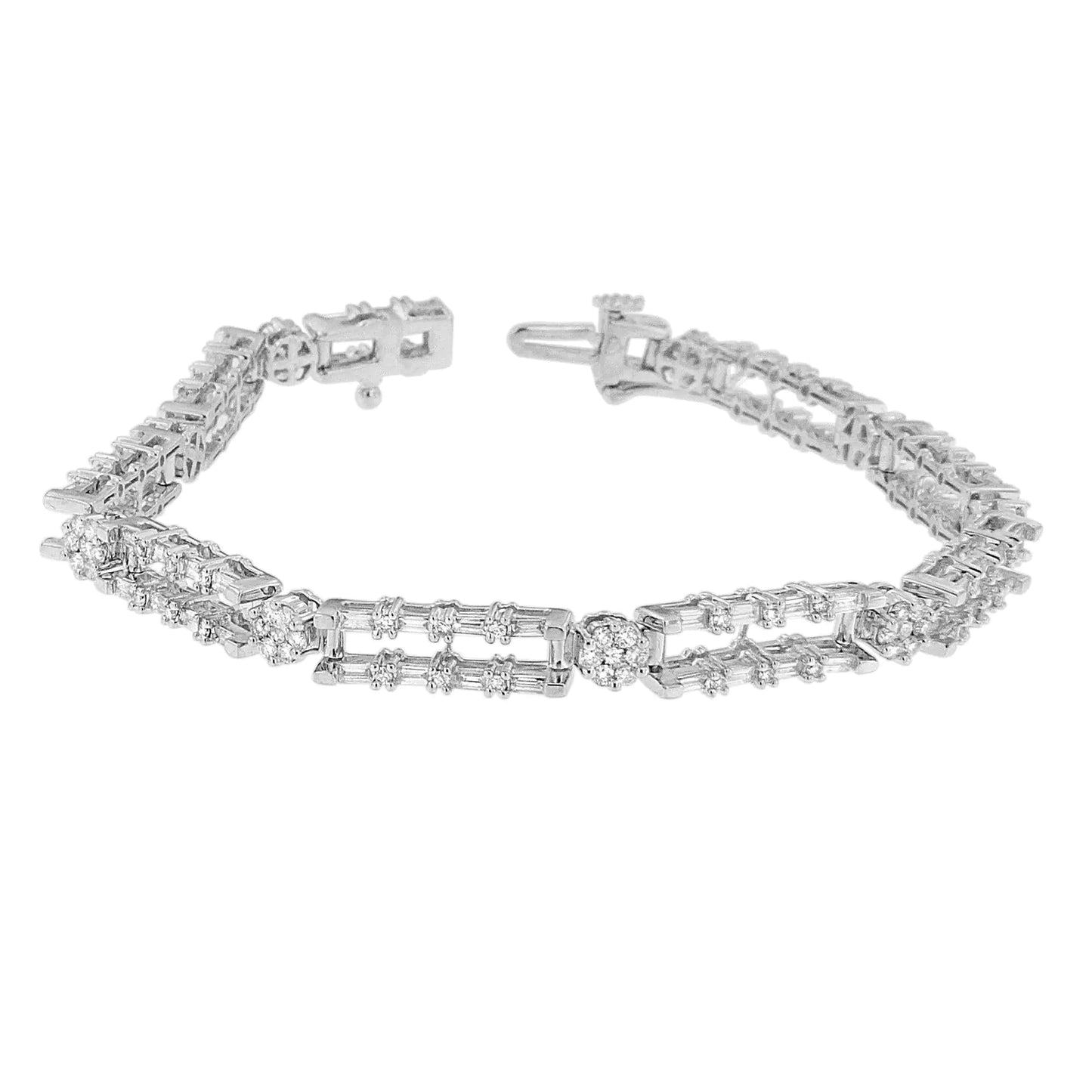 Pulsera de oro blanco de 14 quilates con diamantes redondos y talla baguette (2,75 cts, color HI, claridad SI1-SI2)