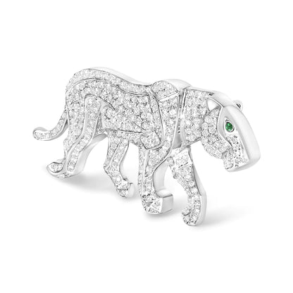 18K White Gold 2mm Green Round Emerald and 2 1/2 Cttw Diamond Panther Brooch Pin (H-I Color, SI1-SI2 Clarity)