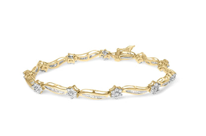 10K Yellow Gold 2.00 Cttw Round-Cut and Baguette-Cut Floral Design Swirl Link 7.5" Bracelet (H-I Color, I2-I3 Clarity)