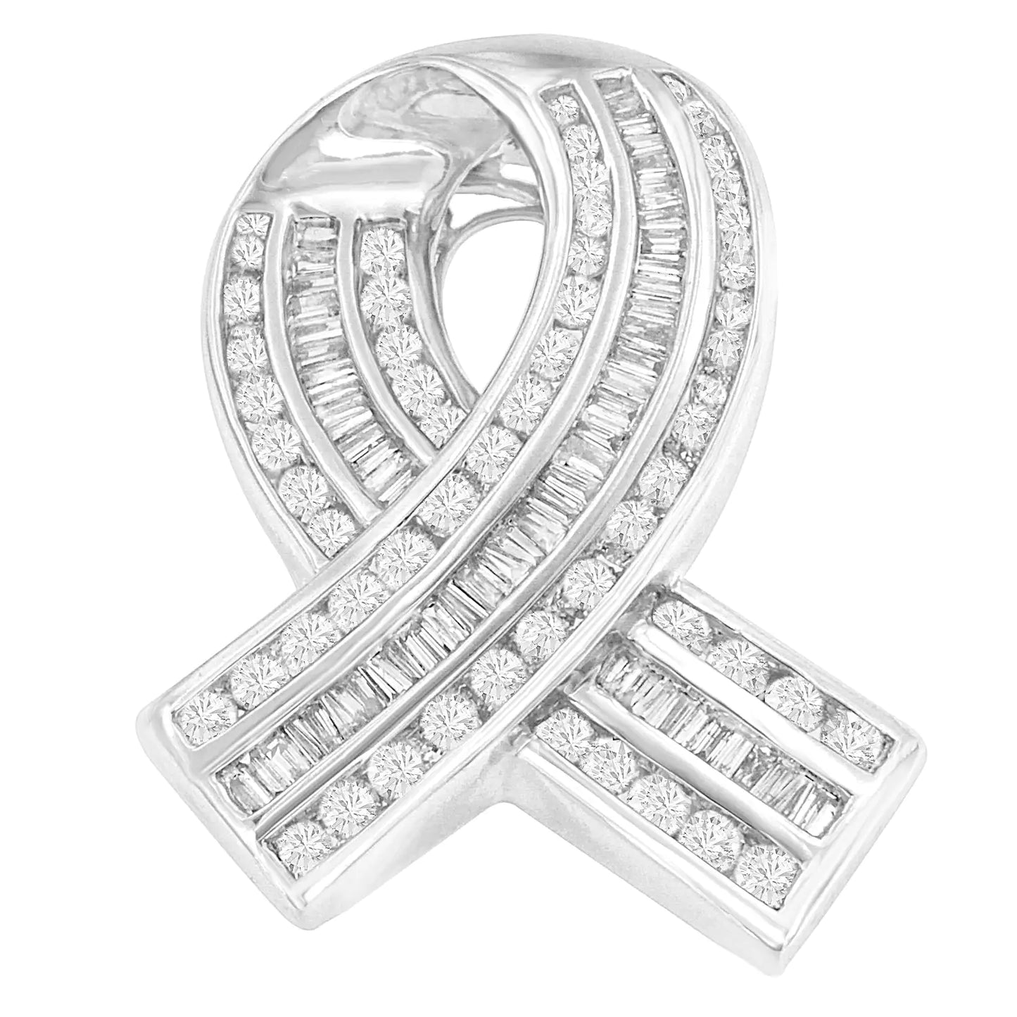 14K hvitt gull 2 ​​5/8 Cttw kanalsett Rund og Baguette Diamond Awareness Ribbon Pendant (HI Color, I1-I2 Clarity) - kjede ikke inkludert