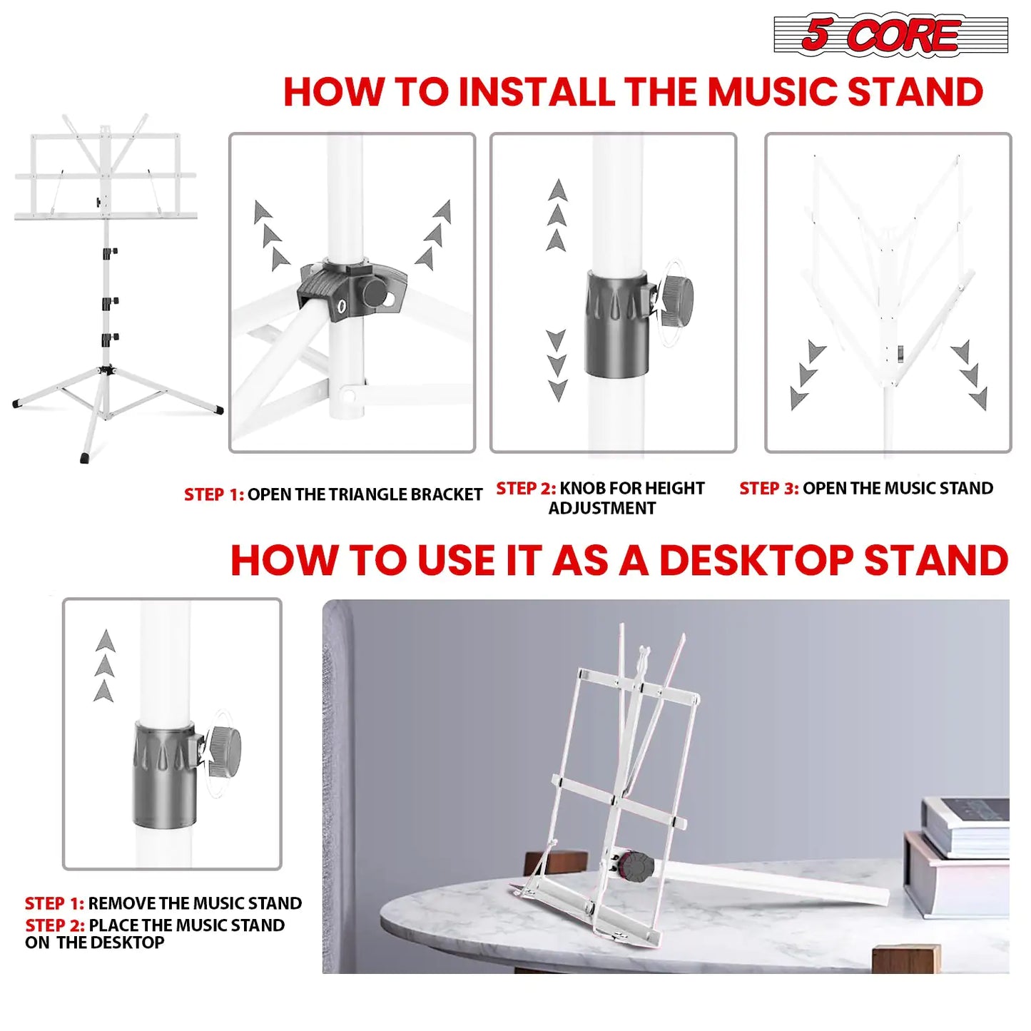 Soporte de Música 5Core para Partituras Portátil Tripé Ajustável Dobrável com Luz Branca