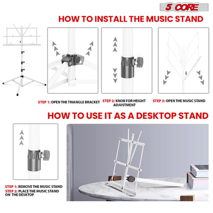 Soporte de Música 5Core para Partituras Portátil Tripé Ajustável Dobrável com Luz Branca