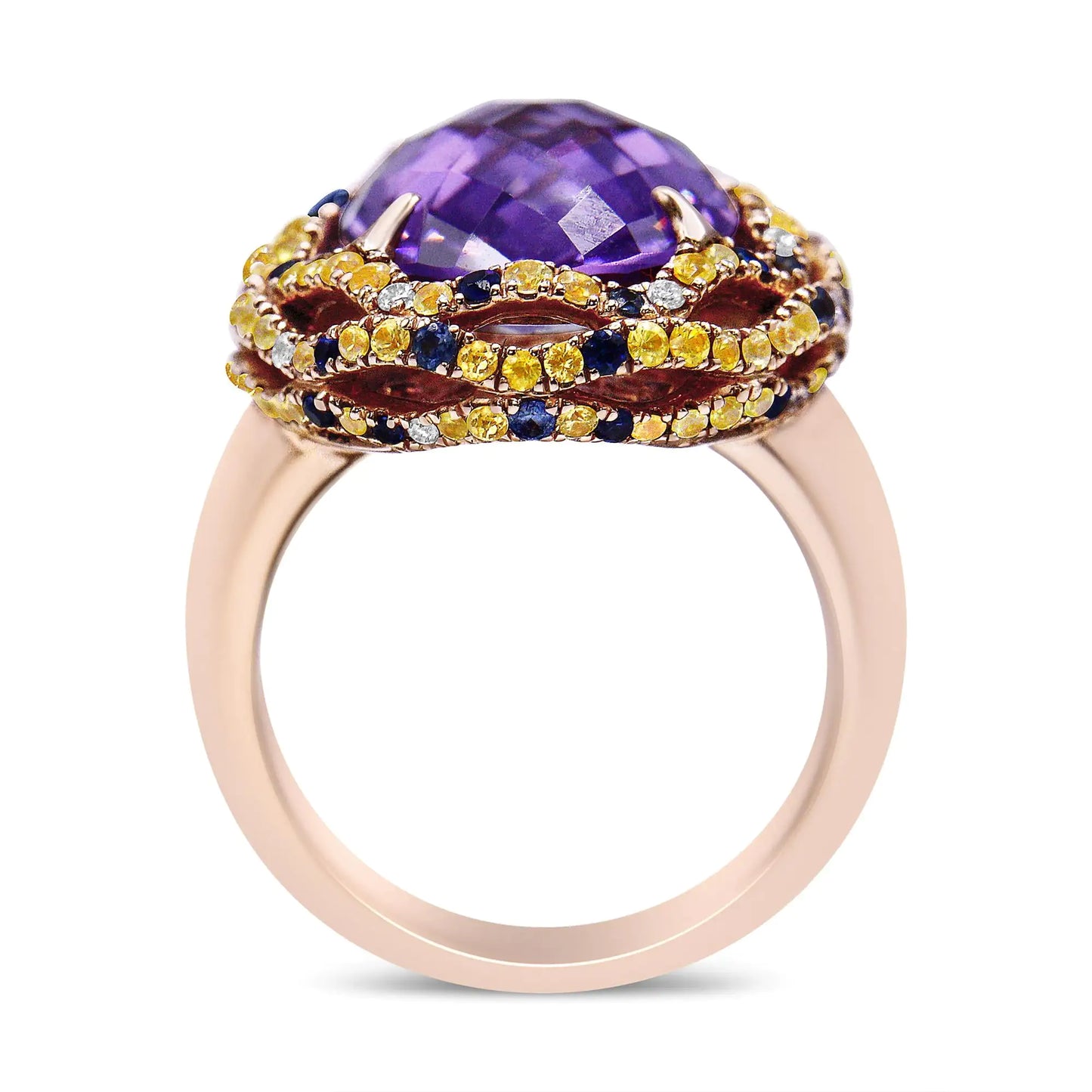 18K Yellow and Rose Gold Claw Prong Set Checkerboard Cut Purple Amethyst, Blue & Yellow Sapphire, Diamond Accent Cocktail Ring Band (F-G Color, VS1-VS2 Clarity)