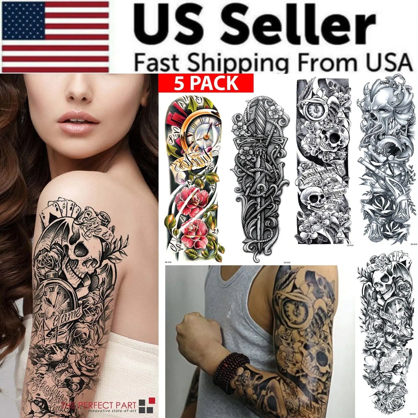 5 pegatinas temporales grandes para tatuajes corporales, para brazo, para hombre y mujer, resistentes al agua, de EE. UU.