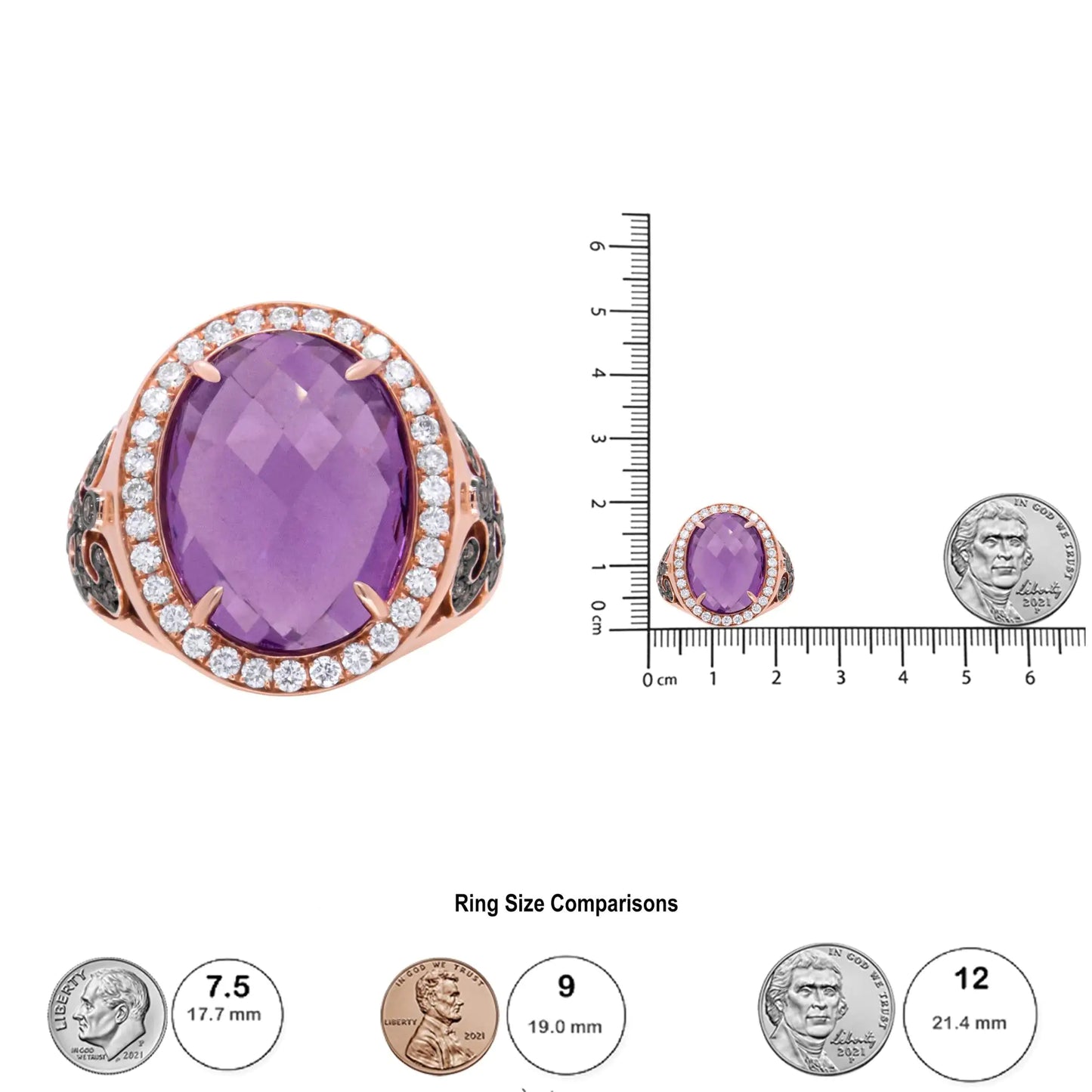 Anillo de cóctel de oro rosa de 18 quilates con amatista púrpura de corte ovalado de 18 x 13 mm y diamantes de 1,00 ct (color champán y FG, claridad VS1-VS2)