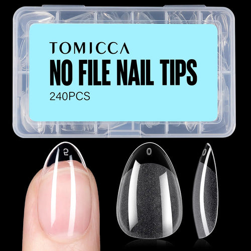 TOMICCA - Uñas cortas almendradas, 240 unidades de uñas de gel suave semimate, 12 tamaños de uñas acrílicas preformadas, cobertura total para extensiones de uñas.