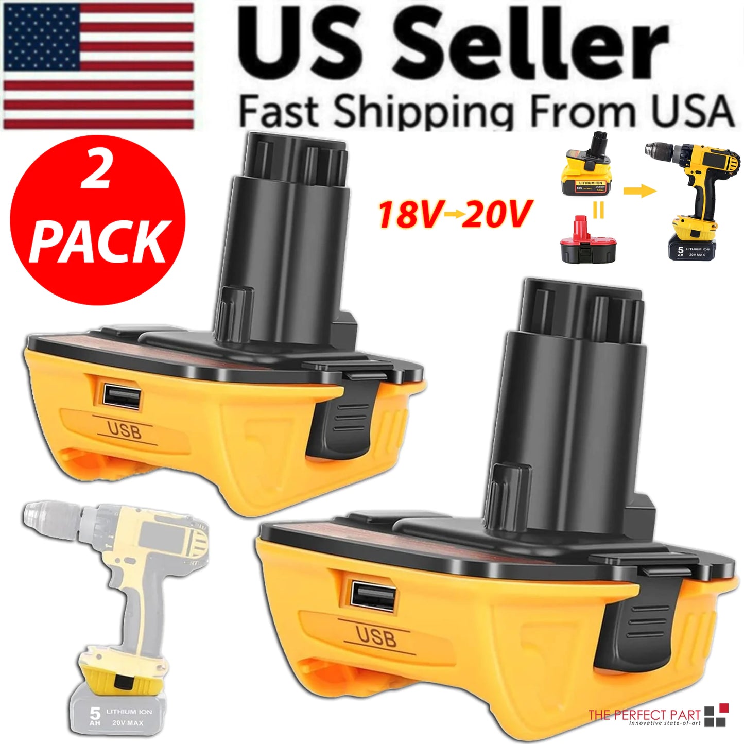 2X 18V To 20V MAX DCA1820 Adapter Converter For DEWALT 20 Volt Li-ion Battery