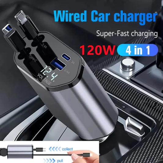 Cargador retráctil para coche de 120 W con cables de carga rápida USB y tipo C