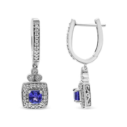 14K White Gold 4x4 mm Cushion Shaped Blue Tanzanite and 1/3 Cttw Diamond Halo 1" Inch Drop and Dangle Earrings (J-K Color, SI2-I1 Clarity)