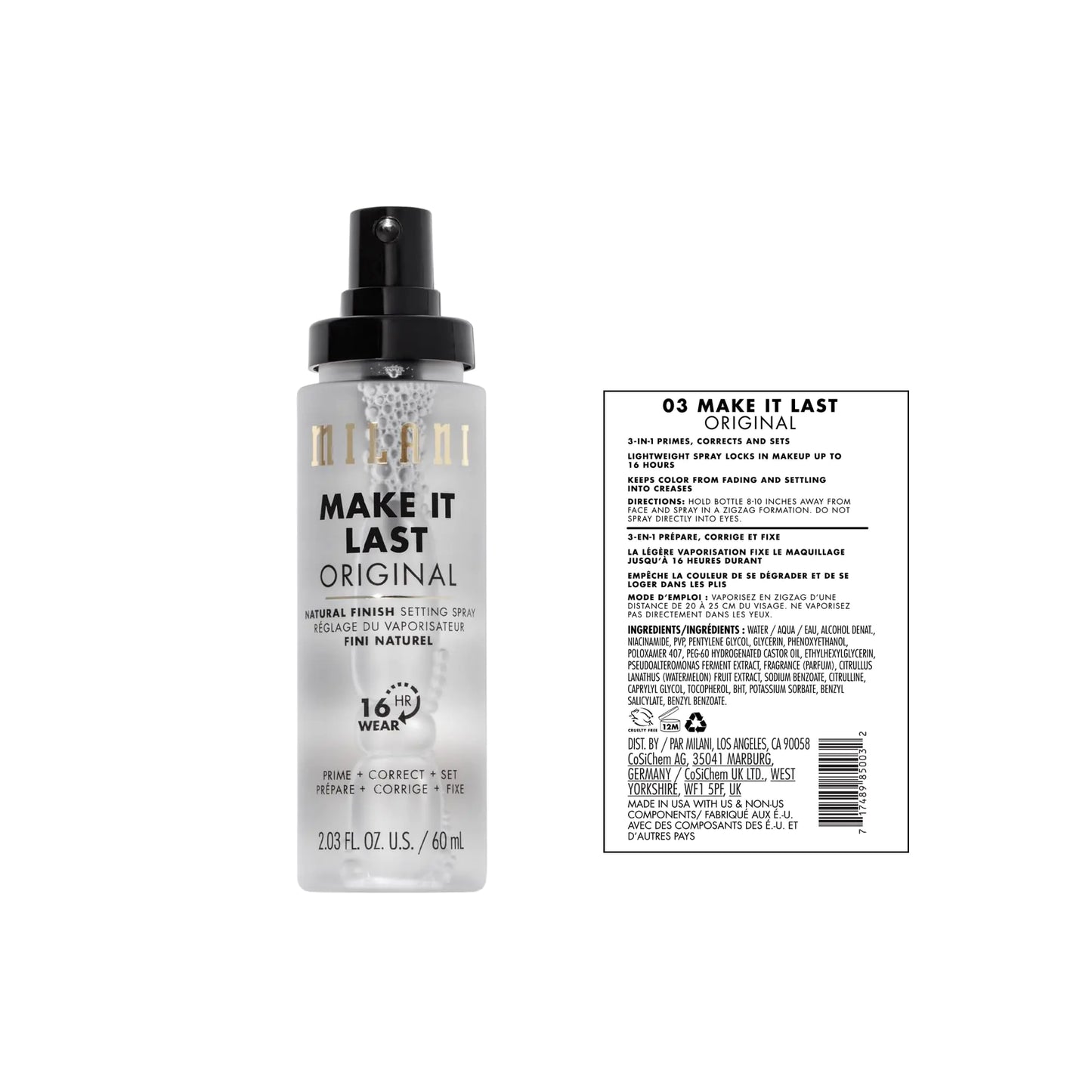 Milani Make It Last Original - Natural Finish Setting Spray 3-i-1 Setting Spray og Primer- Prime + Correct + Set Makeup Finishing Spray og Primer - Langvarig Makeup Primer og Spray 2,03 Fl. Oz