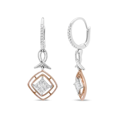 Aretes colgantes de cinta marquesa calada con diamantes de talla princesa y redonda de 1/2 ct en oro blanco y rosa de 14 quilates (color GH, claridad SI2-I1)