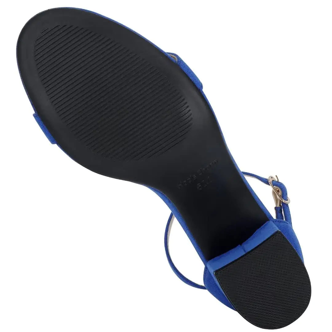 Sandalias de tacón bajo con tiras gruesas para mujer, de 5 cm, con puntera abierta y tira en el tobillo, para vestir, para uso diario, para trabajo y fiesta, en terciopelo azul 7