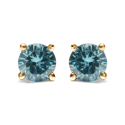 14K Gold 1/2 Cttw Aqua Blue Diamond Screw-Back 4-Prong Classic Stud Earrings (Color Treated, I2-I3)