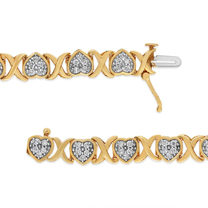 Pulsera de plata de ley 925 bañada en oro amarillo de 14 quilates con corazón de diamantes y eslabones en forma de X de 1,00 quilates (color IJ, claridad I3) - 7,25 pulgadas