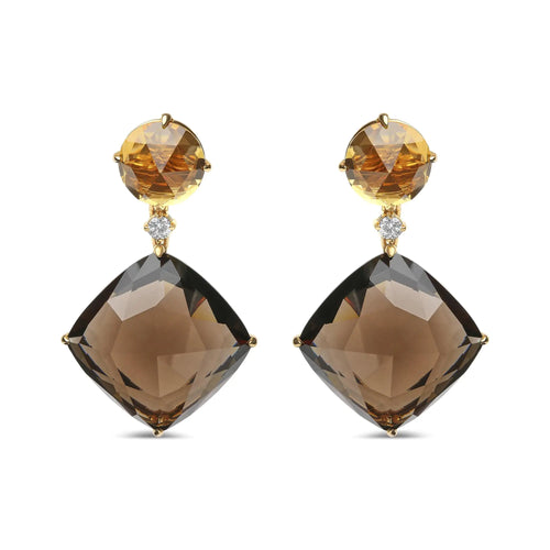 18K Yellow Gold 1/5 Cttw Diamond with Round Yellow Citrine and 25mm Cushion Cut Smoky Quartz Gemstone Dangle Earring (G-H Color, SI1-SI2 Clarity)