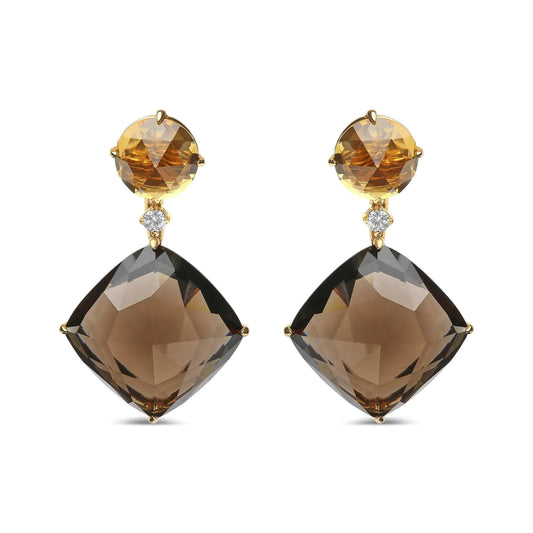 18K Yellow Gold 1/5 Cttw Diamond with Round Yellow Citrine and 25mm Cushion Cut Smoky Quartz Gemstone Dangle Earring (G-H Color, SI1-SI2 Clarity)